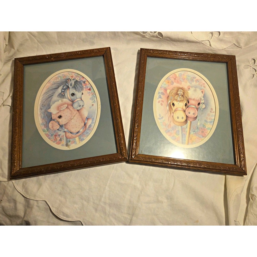 Vintage Set of 2 Framed Nursery Wall Hangings Horse Pony Prints HOMCO